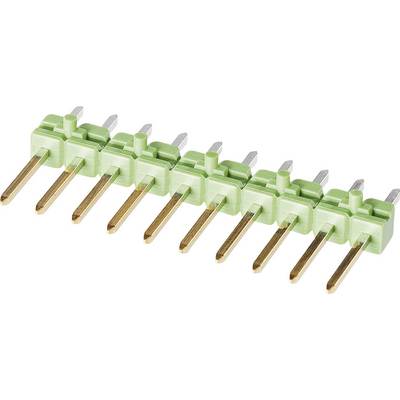 A row of eight green-gold electrical connectors arranged side by side.