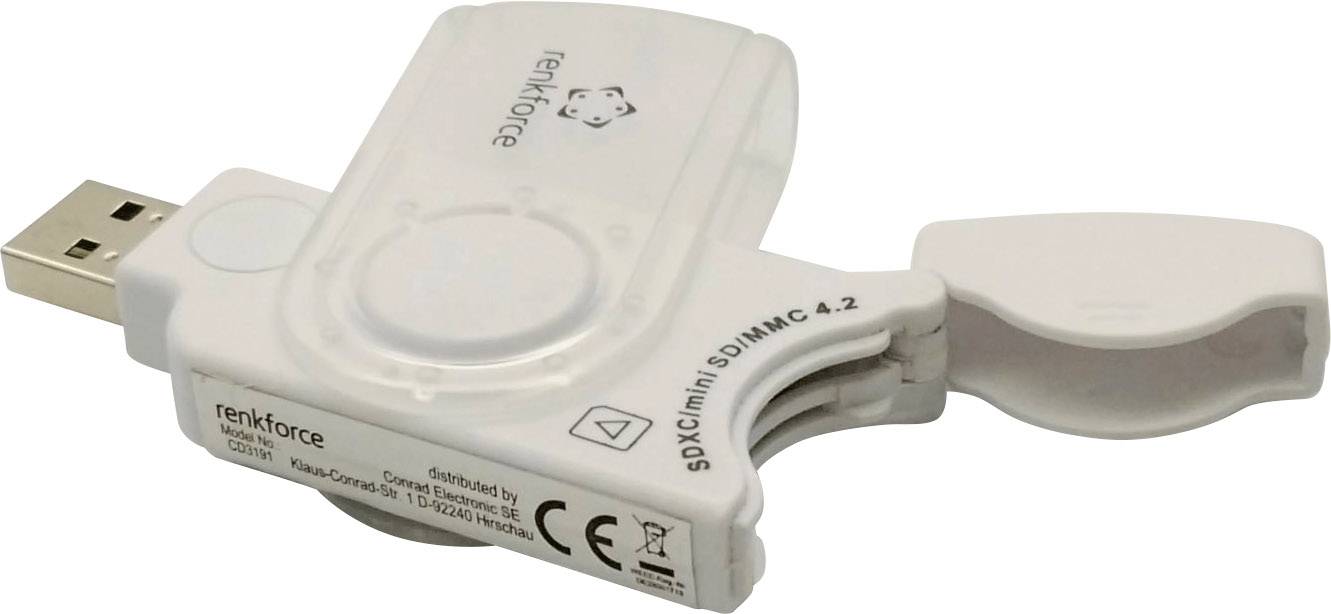 A white USB card reader with various card slots, compact and portable.