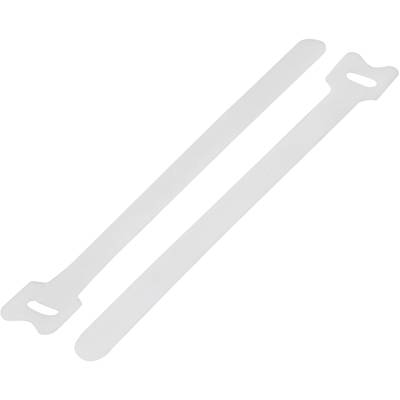 Two white plastic strips with slits at one end, presumably cable ties.