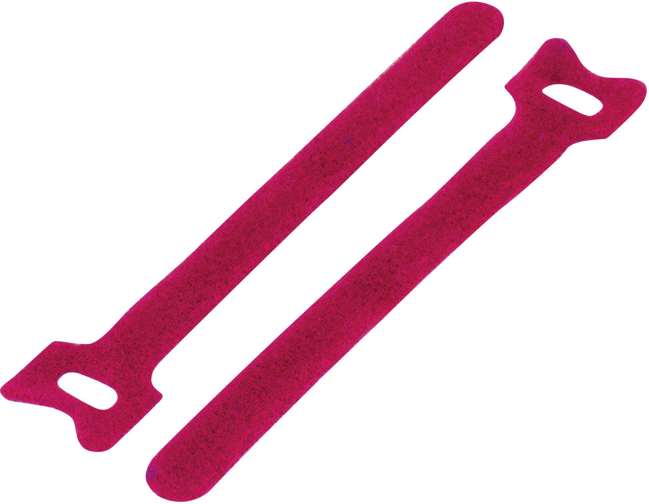 Two red hook and loop cable ties, lying parallel next to each other, for cable organisation and securing.