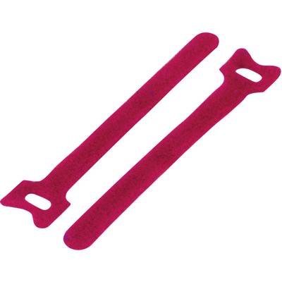 Two red fabric cable ties with slits at one end, for organising and securing cables.