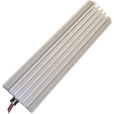 A silver heatsink in a rectangular shape with a ribbed design. A red cable is visible in the bottom left.