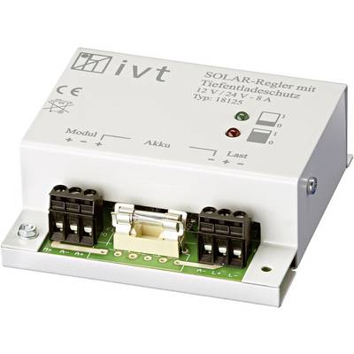 Solar Charge Controller with Deep Discharge Protection. Marked with 'Solar Module', 'Battery', 'Load'. Voltage: 12V/24V, Current: 8A, Type: 18125.