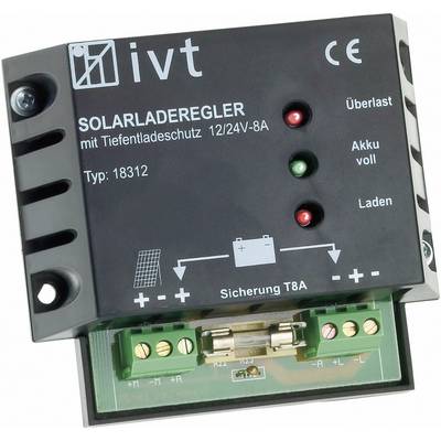 Solar charge controller with deep discharge protection, displays overload, battery status, and charging status LEDs. Type 18312 for 12/24V-8A.
