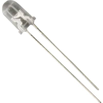 A transparent LED with two long metal terminals, ready for mounting in an electronic circuit.