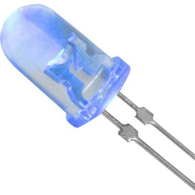 Blue LED with two metal terminals, typical component in electronics for display and lighting purposes.
