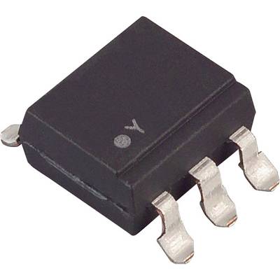 A black integrated circuit with six terminals on a white background.