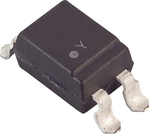 A black electronic chip with three silver connectors on a white background.