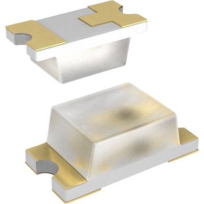 Two SMD LEDs with rectangular, transparent housing and metallic contacts at the ends, suitable for printed circuit board mounting.