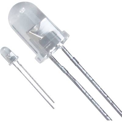 Two transparent light-emitting diodes (LEDs), one in the foreground and a smaller one in the background, display their metal contacts.