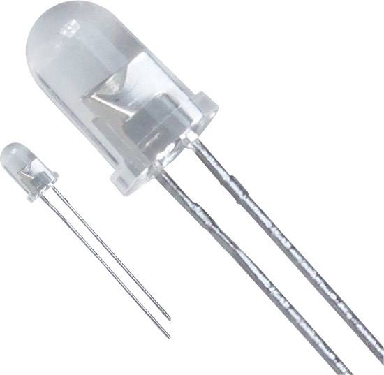 Two transparent LEDs, one larger in the foreground, the other smaller in the background, with two long metal connections.