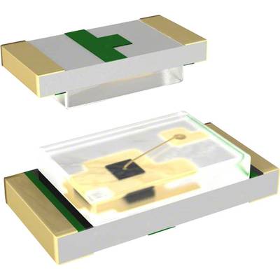 'Two electronic components, the upper one with a green stripe and golden contact, the lower one with a small circuit and wire in a transparent casing.'