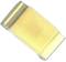 A metal cable clip, rectangular, flat, gold-coloured, for securing cables to surfaces.