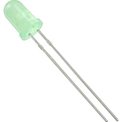 A green LED with two metal legs, often used in electronic circuits to indicate current flow.