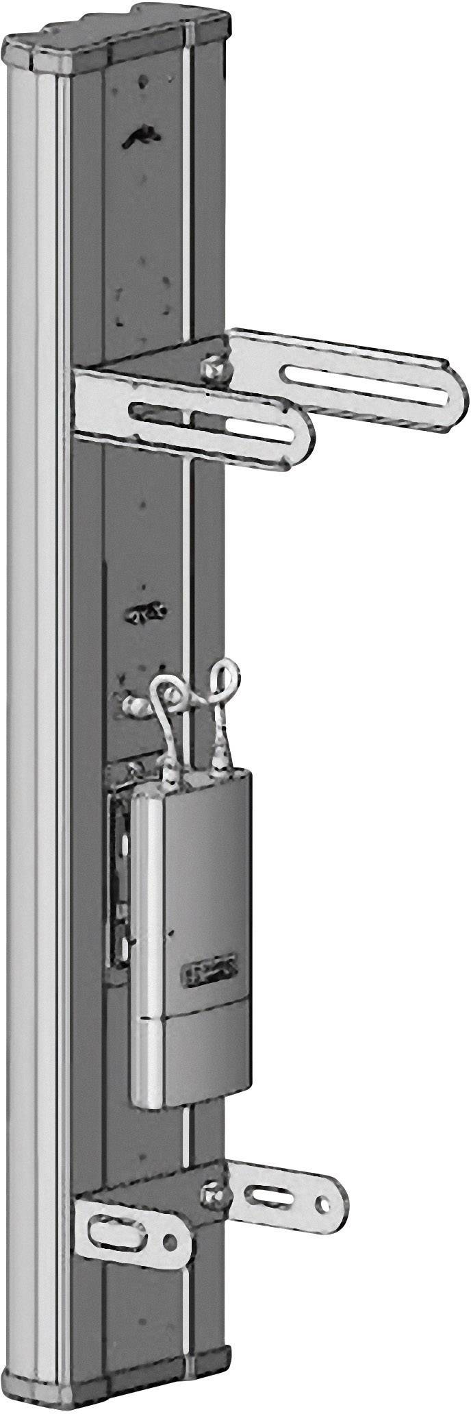 A vertical rail system with adjustable mounting brackets and a fixed small box in the centre.