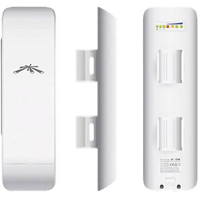 Three views of a white wireless outdoor access point. The front view shows the logo, the rear view has an LED panel and ports.