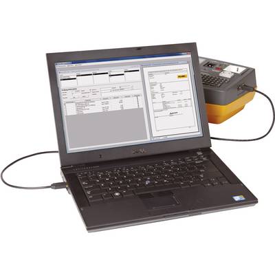 Laptop with open software for measurement data documentation, connected to a testing device. Main window displays data and graphs.