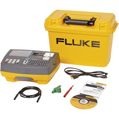 A portable electric testing device with accessories, including cable, CD and yellow case. Device button shows "Fluke".