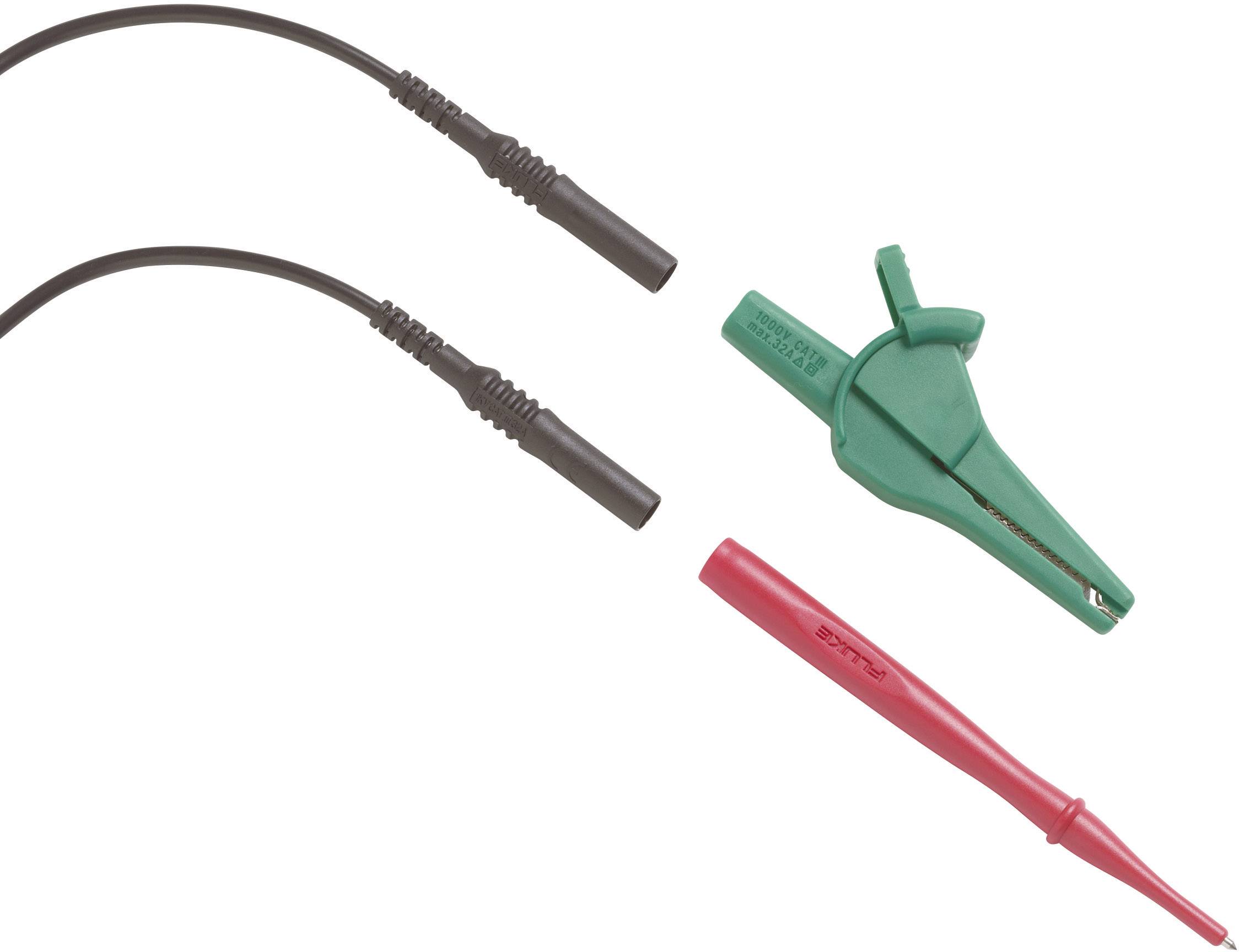 Two cables with black plugs, one green crocodile clip and one red test probe. Used for electrical measurement.