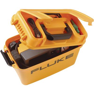 Orange toolbox with 'Fluke' printed on it. Opened, showing cables and a device. Used for electrical measurements.