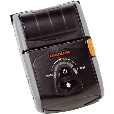 Portable mobile printer by BIXOLON, with green status indicator. Compact black design with an orange button on the side.