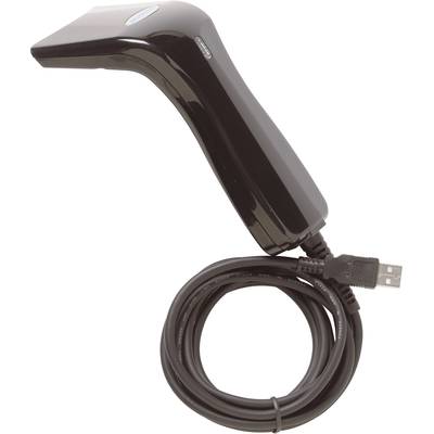 A black USB barcode scanner with a long cable, ready to connect to a computer for scanning barcodes.