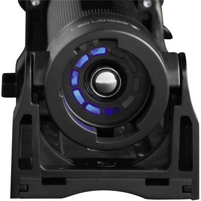 Front view of a black LED torch with a blue illuminated ring around the power button.