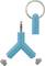 Blue headphone splitter with two audio outputs, detachable keyring and jack plug, suitable for multiple users.