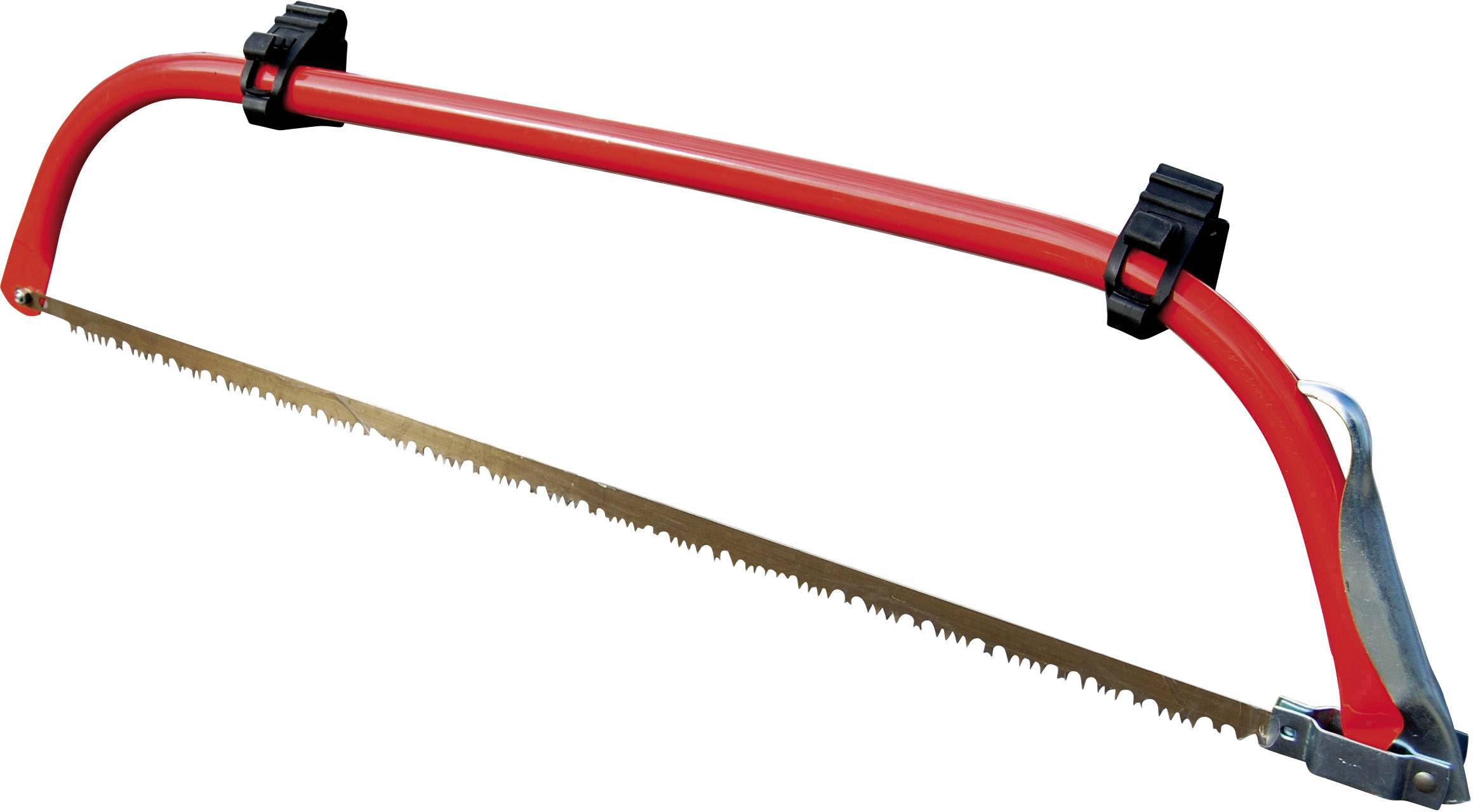 A red hacksaw with a serrated blade and metal handle, suitable for cutting wood.