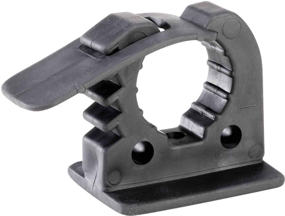 A black plastic holder with a round opening and a hinged cover, commonly used for securing pipes.