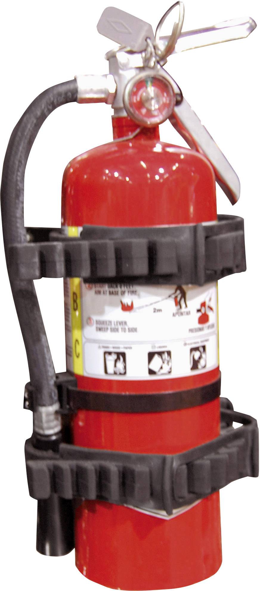 A red fire extinguisher mounted on a wall bracket. The label displays instructions for use. Metal components are visible at the top.