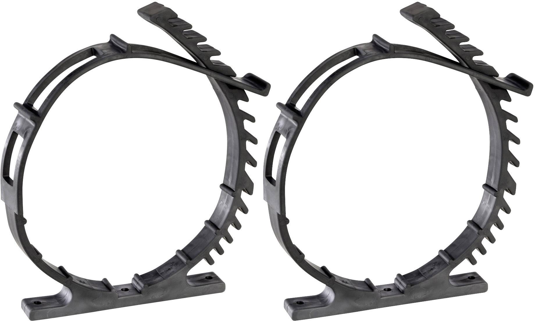 Two black plastic cable ties for securing pipes or cables. They have a toothed closure and are positioned side by side.