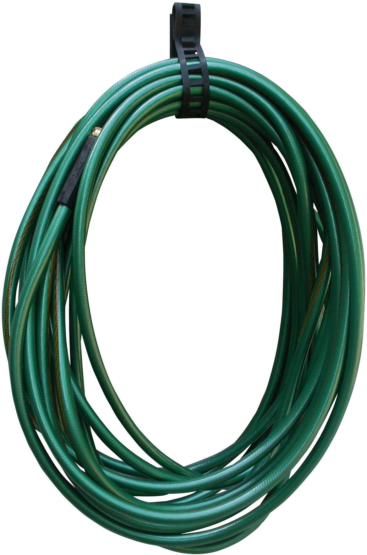 Green garden hose coiled into an oval shape and held together with a black band.