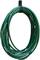 Green garden hose coiled into an oval shape and held together with a black band.