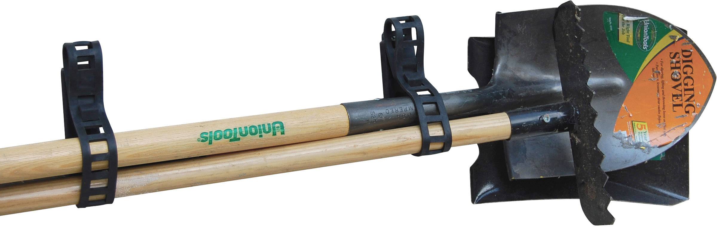 Two tools, a spade and a rake, are secured side by side with black holders.