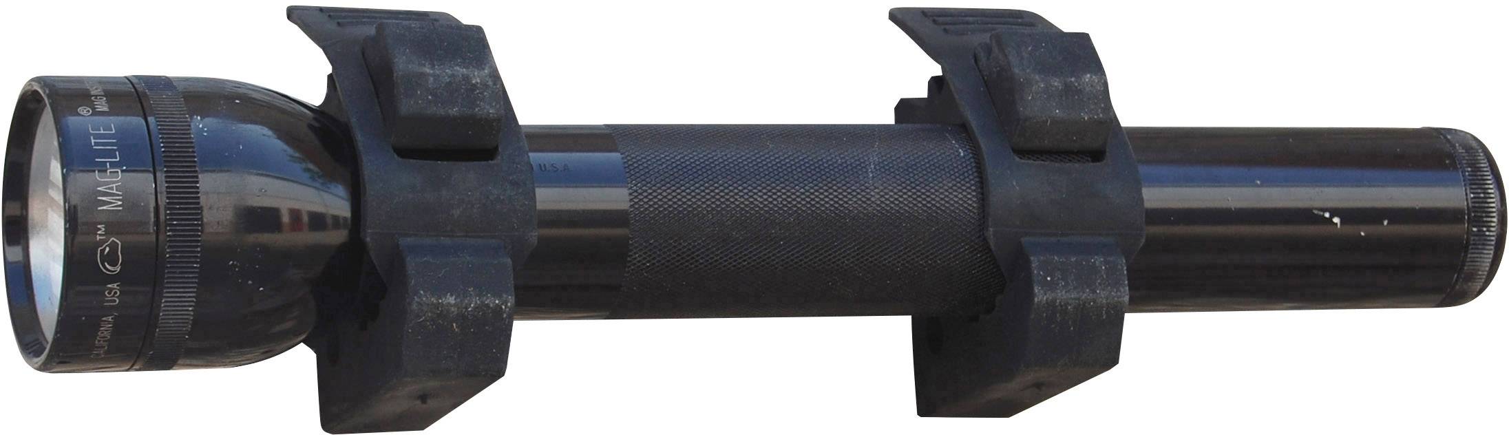 Torch with mounting brackets, horizontally positioned. Black, with textured grip and glossy head.