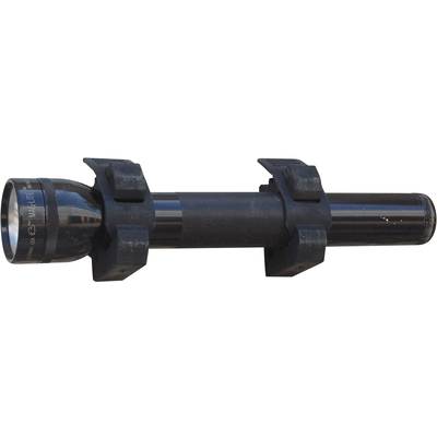 Torch with mounting brackets, horizontally positioned. Black, with textured grip and glossy head.