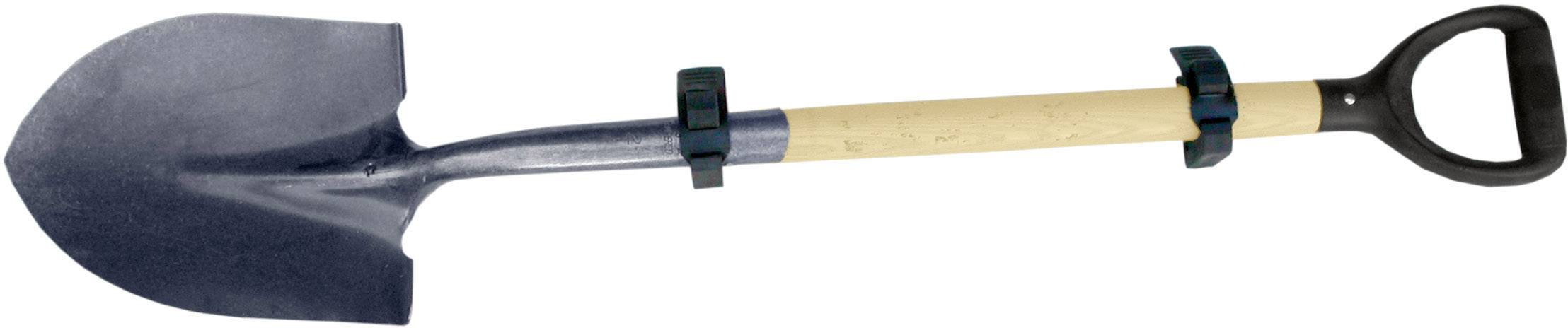 Spade with a metal blade and wooden handle, D-shaped handle at one end. Suitable for gardening and groundwork.