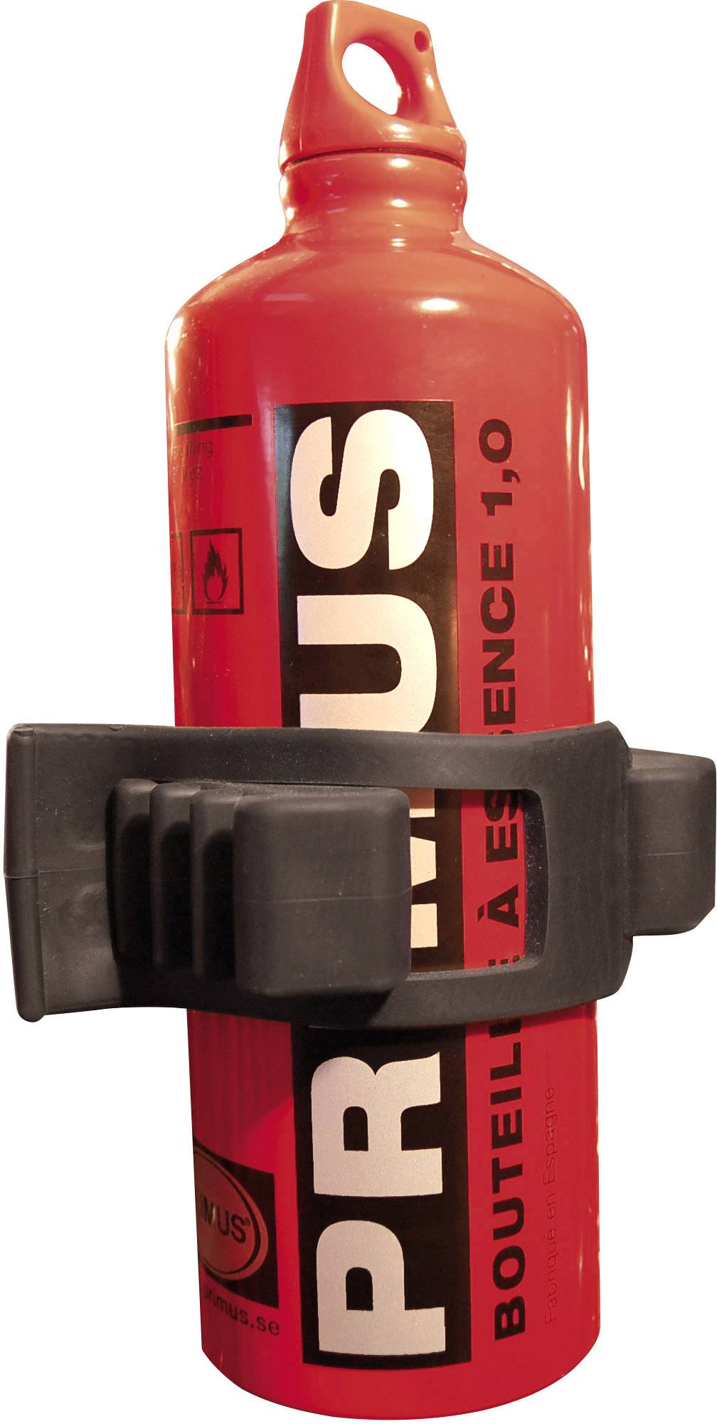 Red metal bottle with 'PRIMUS' logo for fuel storage, secured by black strap. Suitable for camping or outdoor activities.
