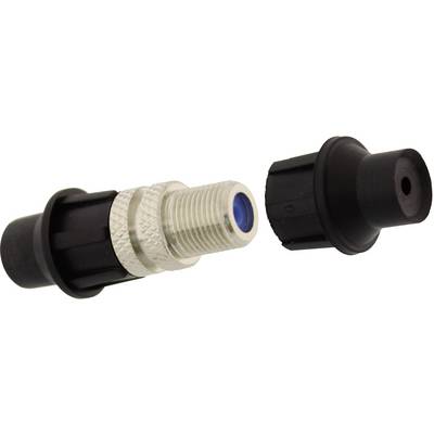 Connector with protective cap, metal thread, and black housing. Both components are shown separately.