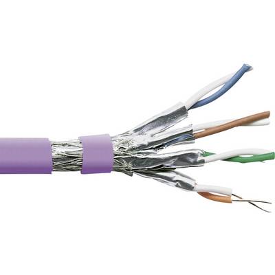 Close-up of a purple-sheathed network cable with four twisted copper pairs, partially exposed.