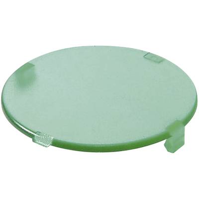 Green, round plastic lid with three small clips on the edge for fastening.