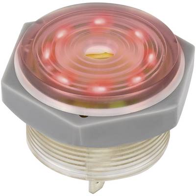 Round, transparent red button with star-shaped lights, surrounded by a grey plastic casing, a typical control panel element.