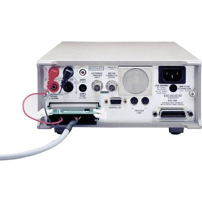 Back of an electronic measuring device with various connections. Shows inputs for current and voltage tests, USB port, and power switch. Device is suitable for precise electrical measurements.