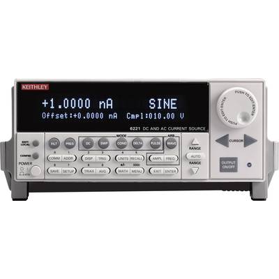 'Keithley 6221 Current Source' with digital displays. Screen shows: '+1.0000 mA SINE.' Buttons available for various settings.