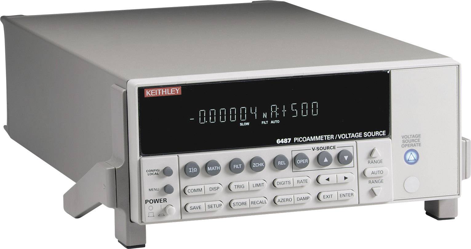 No photo. A precision instrument called "Picoammeter/Voltage Source 6487" with a display and buttons that measures current and voltage values.