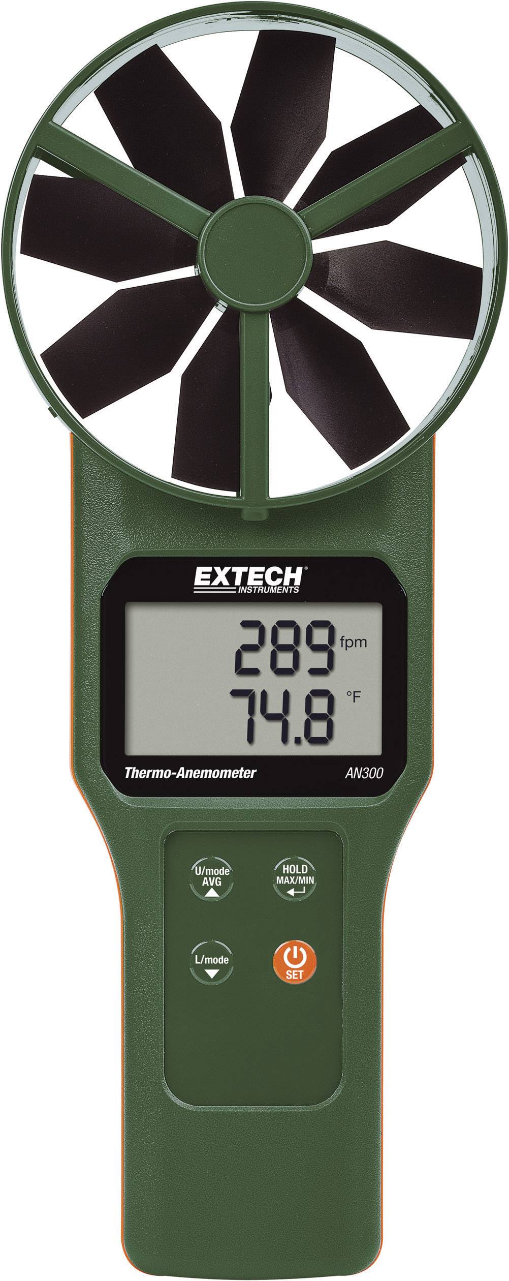 A green anemometer with a digital display shows '299 rpm' for revolutions per minute and '74.8 °F' for temperature.