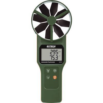 A green anemometer with a large fan and digital display. Shows the readings '295 lpm' and '75.3 °F'. Model: Extech AN310.<br><br>Note: The translation is in British English, maintaining the technical terminology and structure of the original text.