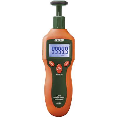 Handheld Digital Tachometer with display showing "9999.9". It features buttons for 'Menu', 'Mode' and 'Measure'. Brand: Extech.