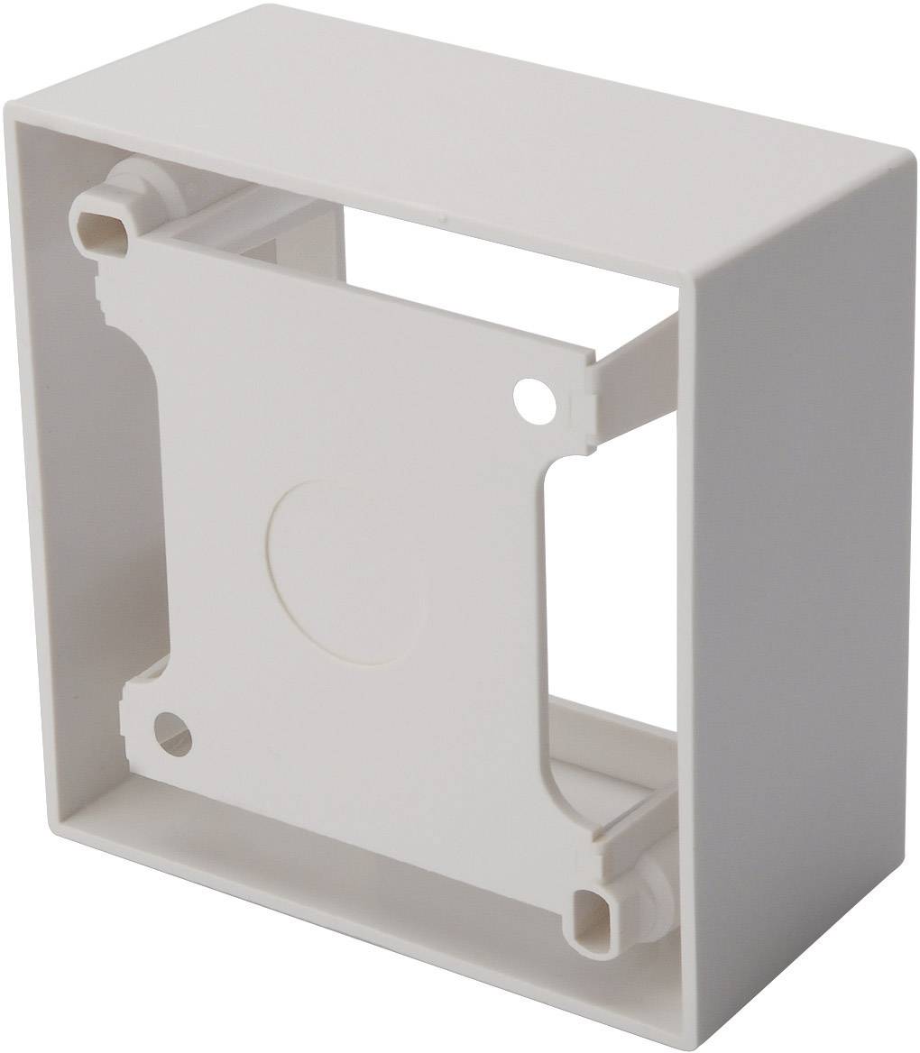 A white, square plastic mounting bracket with openings at the corners, likely for wall or flush-mounted installation of electronic equipment.